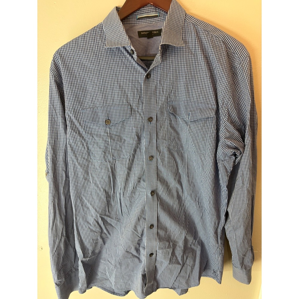 Banana Republic Mens Slim Fit Gingham Button Down Shirt Blue White Large L